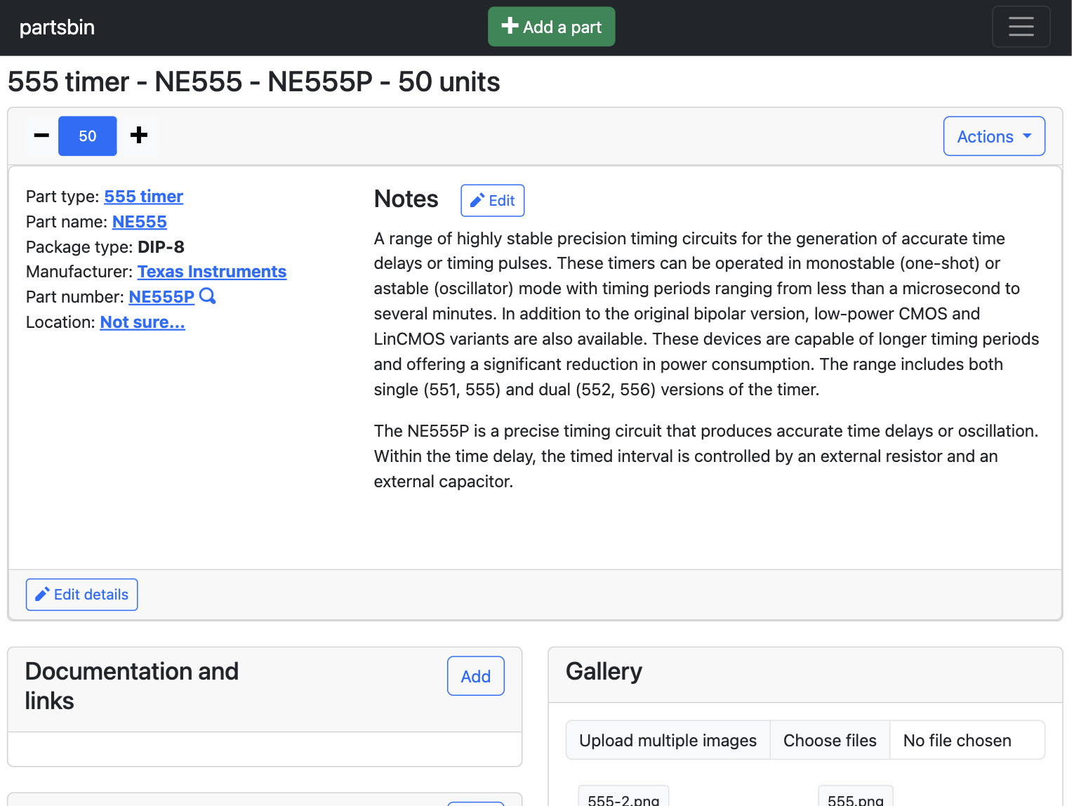 Screenshot of partsbin component view