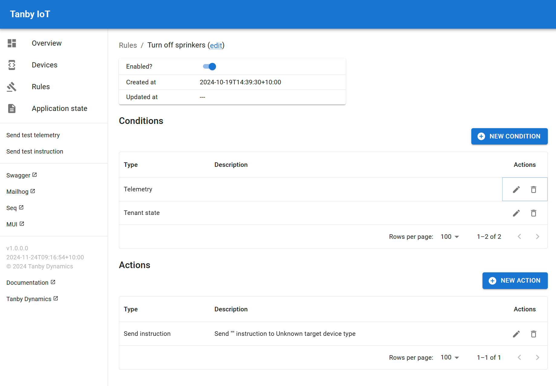 Screenshot of Tanby IoT rule view
